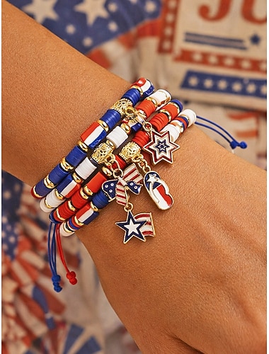  Armbåndsett i flere materialer for kvinner, forskjellige stiler, patriotiske amerikanske flagg-anheng, justerbare snorbånd, perfekt for USAs 250-årsjubileum, uavhengighetsdagen og hverdagsbruk
