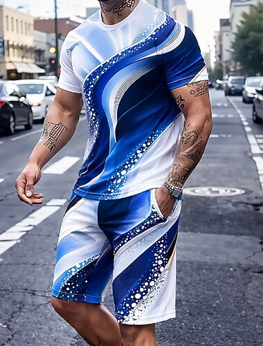  Herre Geometrisk Linje 2stk T-skjorter sett Sommertopper Kortermet Korte bukser Crew-hals Sport Fritid Daglig Feriereise Ut på byen 3D-utskrift Sommer Vår Blå Hvit / blå