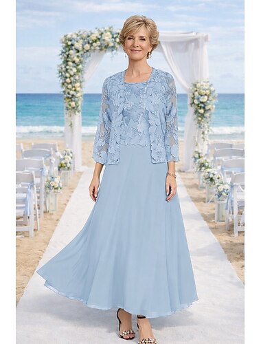  Zweiteilig Kleid-Sets Knöchellänge Kleid für Hochzeitsgäste Brautmutterkleid Langarm Rundhalsausschnitt Elegant Hochzeitsgast Kirche Chiffon mit Spitze Stickerei