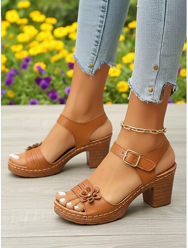  Damesandaler med mandelmønster og blokhæl – komfortable kjolesandaler med justerbar rem, blomsterdetaljer og polstret, skridsikker sål, afslappede sommersko til haven, bryllupsgæster og hverdagsbrug