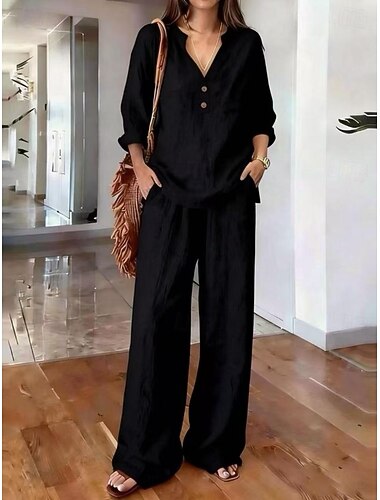  Dames Katoenen linnen sets Lange mouw V-hals Effen Vakantie Basic Casual Dagelijks blauw Zwart Blozend Roze Zomer Ruim Passend