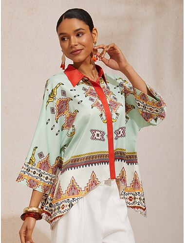  etnisk totemskjorta med dolmanärm i silkeslen satin