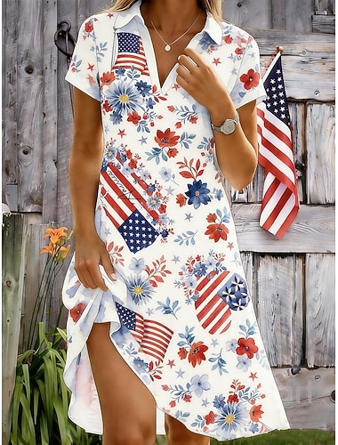  アメリカ独立記念日 女性用 ミニドレス A ラインドレス 旅行度假风 カジュアル ビーチ レギュラー グラフィック フラッグ 半袖 Ｖネック ブラック ホワイト ルビーレッド 夏 春