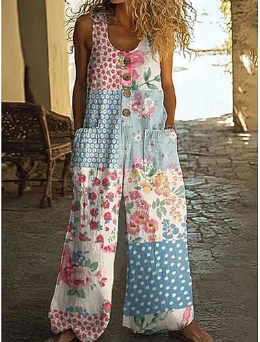  Damen-Jumpsuit aus Leinenimitat mit Blumenmuster, ärmellos, weitem Bein, U-Ausschnitt, Taschen und Knöpfen, für Freizeit, Urlaub und Sommer. Lässige Passform in Blau, Weiß und Rosa.