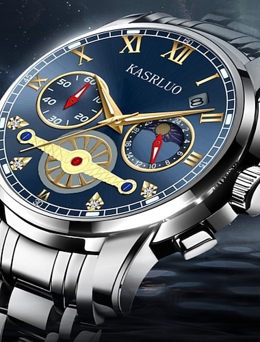  Pánské luxusní hodinky, chronograf s modrým ciferníkem s fází měsíce a datem, analogové quartzové hodinky z nerezové oceli, římské číslice s diamantovými značkami, náramkové hodinky pro muže v