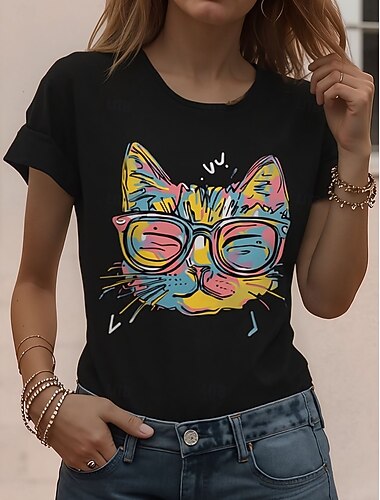  Dame T skjorte Trykt mønster Grafisk Dyr Katt Årgang Stilfull Klassisk Kortermet Crew-hals Vanlige topper Daglig Helg Svart og Rød Svart Rosa / Svart Sommer Vår