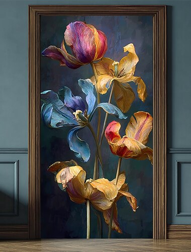  Pintura a óleo impressionista artística de tulipas, flores coloridas em tons de roxo e azul, ideal para decoração de porta, hall de entrada, sala de estar, interiores e áreas externas.