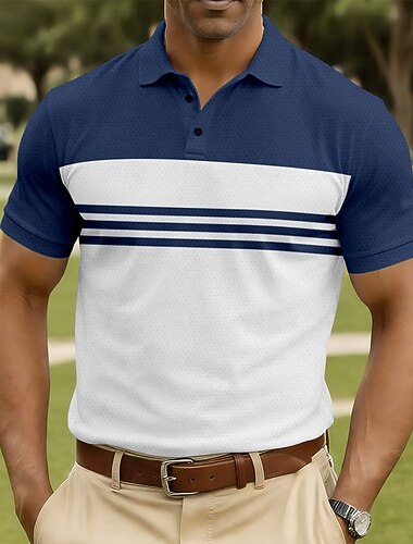  Homme Rayé Polo Manche Courte Polos Chemises à Col Occasionnel Athleisure Boutons Printemps & Été Bleu Blanche bleu marine