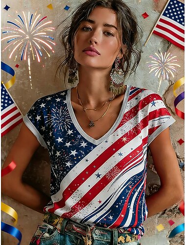  Jour de l'Indépendance Américaine Femmes T-shirt Imprimé Fleuri Graphique Graffiti Bohème ancien Classique Manche Courte Col en V Hauts Réguliers Quotidien Bleu Été Printemps