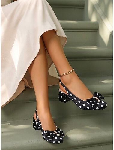  Damespumps met stippen - elegante zwart-witte slingbackhakken met strik &Pareldetails voor vintage feesten en rockabilly-evenementen. &klassieke kantoorkleding