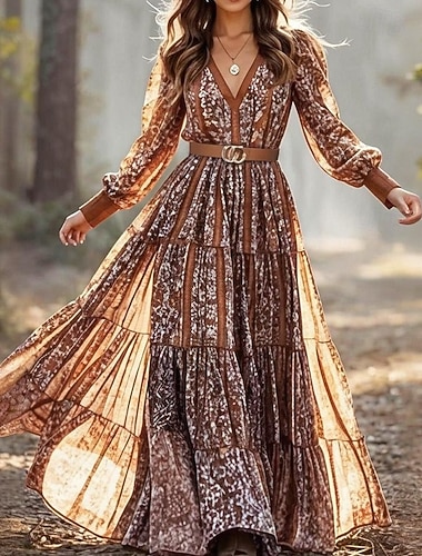  Bohème Rétro Vintage Boho Robe Manches longues Hippie Disco Bohème Déguisement Femmes Mascarade Festival de Musique Soirée à thème rétro Adulte Robe