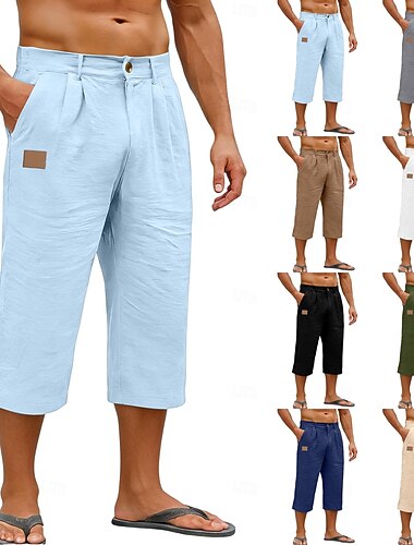  Herr Linne Byxor Långbyxor Capribyxor Sommarbyxor Säckiga byxor Ficka Elastisk midja Slät Komfort Andningsfunktion Vadlängd Dagligen Utomhus Strand Mode Klassisk Stil Blå 다크 카키 Oelastisk