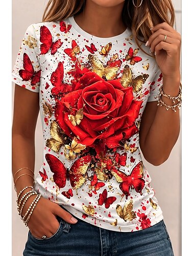  Dames T-shirt Afdrukken Grafisch dier Vlinder Vintage Stijlvol Klassiek Korte mouw Strakke ronde hals Ronde hals Normale tops Dagelijks Weekend Blozend Roze Rood Regenboog Zomer Lente