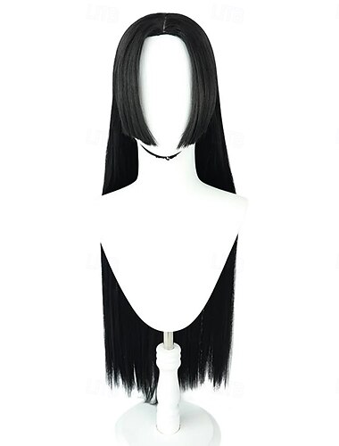  Dlouhá rovná černá paruka s motivem hime střihu pro cosplay párty