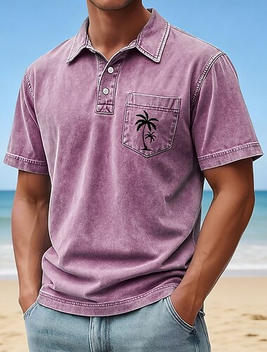  Voor heren Palmboom Acid Wash-shirt 100% Katoen Korte mouw Poloshirt Revers Hawaii Casual Sportkleding Vakantiekleding Zak 3D-afdrukken Knop Lente zomer blauw Rood Groen