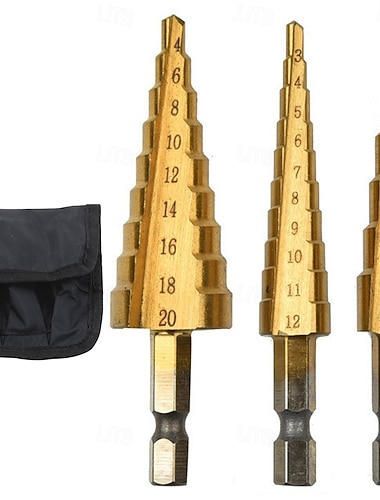  Sechskantgriff-Stufenbohrer-Set mit gerader Nut, titanbeschichtet, 3-teiliges Pagodenbohrer-Set (4–12 mm, 4–20 mm, 4–32 mm) mit schwarzer Stofftasche, hohe Präzision beim Bohren von Metall, Holz und