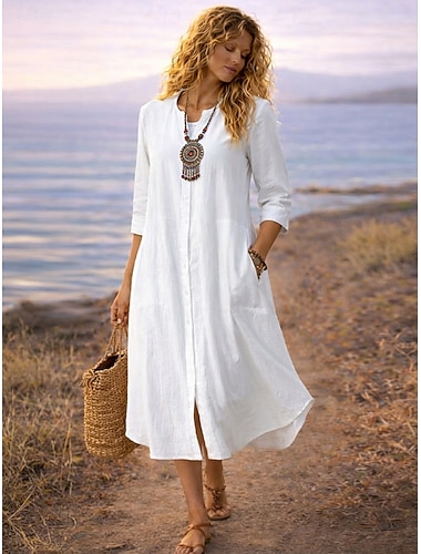  Damen Midikleid Kunstbaumwollleinen Shiftkleid Hemdblusenkleid Weißes Kleid Basic Modern Täglich Wochenende Lässiger Schnitt Einfach Halbarm Rundhalsausschnitt Weiß Sommer Frühling