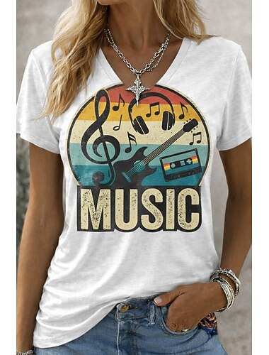  Damen T Shirt Druck Blumen Grafik Musik Vintage Stilvoll Klassisch Kurzarm V Ausschnitt Normale Oberteile Täglich Fitnessstudio Sport Weiß Elfenbein Rot / Blau Sommer Frühling