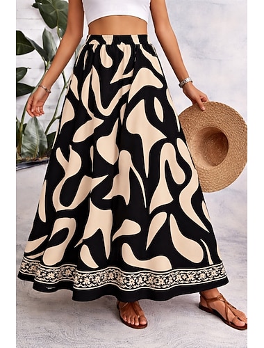  Damen Urlaubsrock Elegant Mode Lässig Maxi Hohe Taille Röcke Blumen Grafik Tasche Druck Mikroelastisch Täglich Strand Schwarz Khaki Sommer 95 % Polyester, 5 % Elastan