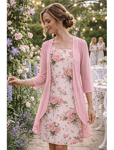  Damen Kleid-Set A Linie Kleid Elegant Urlaub Blumen Grafik Geschichtet Druck Midikleid Dreiviertelarm Rundhalsausschnitt Täglich Urlaub Blau Rosa Grün Sommer Frühling Normale Passform