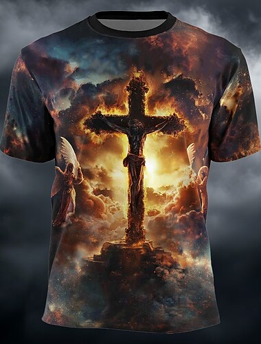  T-shirt homme Bible Jésus Crucifixion Anges Ciel Feu Lumière Religieux Impression Totale T-shirt Manches Courtes Col Rond Église Adoration Vendredi Saint Tee Vêtements Designer