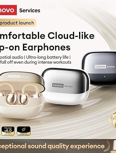  Écouteurs intra-auriculaires sans fil Lenovo à clip, Bluetooth 6.0 avec étui de chargement, 25 h d'autonomie, format compact &Son puissant, micro intégré, écouteurs confortables pour le sport et