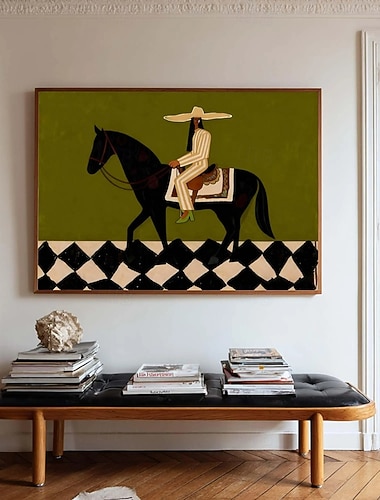  Originales abstraktes Ölgemälde mit Reiter, Vintage-Figur, Leinwand, olivgrün, minimalistische Wandkunst