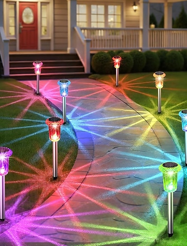  Solcellslampor för utomhusbruk, vattentäta solcellslampor för gångvägar utomhus, belysning av rostfritt stål för trädgård, gångväg, uppfart, uteplats, gräsmatta, utomhusdekor, färgskiftande