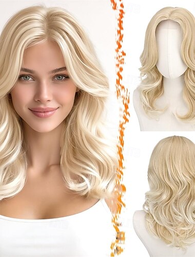  Kort, bølget blond parykk - skulderlang, bølget blond parykk for kvinner - kort, løse bølger, teksturert, lagdelt parykk med ansiktsinnramming, gardinlugg, myk, syntetisk, naturlig utseende, daglig