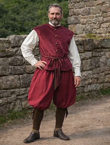  Conjunto Retro Antiguo Medieval Renacimiento Pantalones Chaleco Camisas Larga Pirata Vikingo Ranger Escote Redondo Disfraz Hombre Pirata Víspera de Todos los Santos Carnaval Feria del Renacimiento