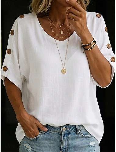  Femmes T-shirt Faux coton lin Boutons Uni Mode Élégant Classique Manche Courte Col ras du cou Hauts Réguliers Quotidien Sortir Week-end Bleu Blanche Jaune Vert Véronèse Rouge Été Printemps