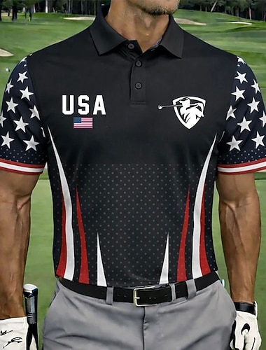  4 يوليو 2026، الذكرى 250 رجالي علم الولايات المتحدة الأمريكية قمصان البولو كم قصير قمصان البولو قميص بياقة كاجوال ملابس الرياضة Buttons للربيع والصيف أزرق أسود 3 أسود 1