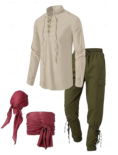  مجموعة العصور الوسطى عصر النهضة بنطلون خوذة حزام الخصر مع الملحقات أكمام طويلة قرصان محاك بربطات لون الصلبة ملابس تنكرية رجالي 4 قطع قرصان عيد الرعب مهرجان معرض النهضة LARP بالغين قميص بنطلونات خوذة