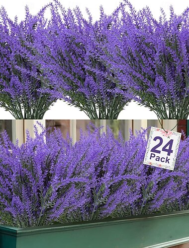  24 wiązki sztucznych kwiatów lawendy, sztuczne rośliny plastikowe do domu, na wesele, do kuchni, ogrodu, na patio, do okien, do biura, na stół, do dekoracji wnętrz i na zewnątrz