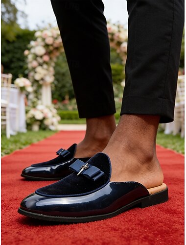  Zwarte lakleren muiltjes voor heren, glanzende instappers, elegante schoenen zonder achterkant voor de bruidegom, bruiloftsgasten, bruidsjonkers, receptie, banket en avondfeest.