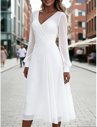  Damen Midikleid Weißes Kleid Chiffonkleid Schwingkleid Elegant Mode Modern Outdoor Urlaub Ausgehen Normale Passform Einfach Kurzarm V Ausschnitt Weiß Sommer Frühling
