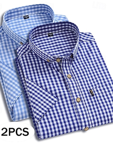  Herren Hemd Kleidhemd Durchgeknöpft Hemd Karomuster Lässig Täglich Dunkelblau + Schwarz Dunkelblau+Rot Blau Rot Schwarz Rrot Kurzarm Umlegekragen Sommer Bekleidung Patchwork