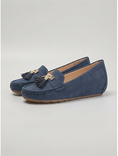  Mocassini da donna casual con tacco a rocchetto in metallo - Scarpe flat classiche casual con punta rotonda in finta pelle comfort nere blu marroni