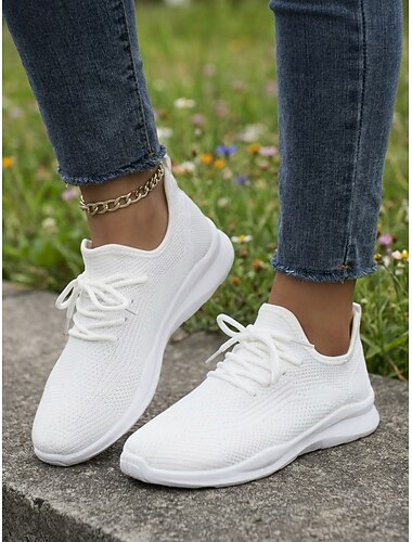  Sneakers da donna bianche in maglia: scarpe sportive leggere e traspiranti con lacci, scarpe casual da passeggio per la palestra, i viaggi e l'uso quotidiano.