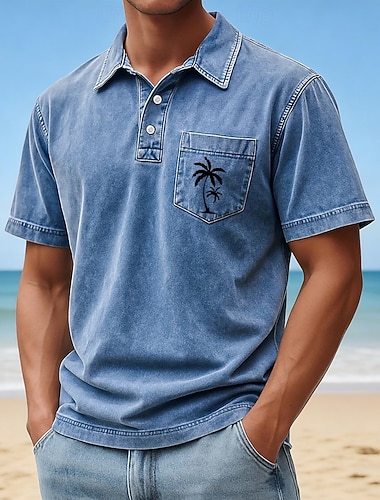  Herren Palme Acid-Wash-Shirt 100% Baumwolle Kurzarm Polo-Shirts Revers Hawaiianisch Lässig Athleisure Urlaubskleidung Tasche 3D-Druck Knöpfe Frühling & Sommer Blau Rote Grün