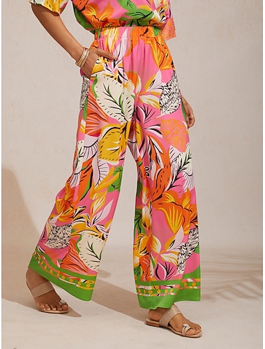  Wild Hibiscus Dream Silky Satin Pants med vide ben