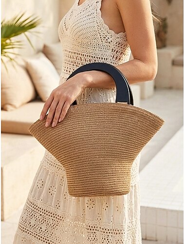  Grote geweven rieten damestas, meerkleurig, milieuvriendelijk gevlochten materiaal, stijlvolle zomertas, perfect voor dagelijks gebruik, strandvakanties en reizen naar resorts.