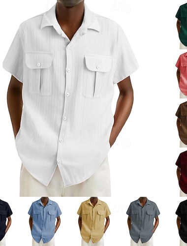  男性用 シャツ スタイル ワークシャツ ジャカードシャツ ダークブラウン ブラック ホワイト ピンク ワイン 半袖 平織り ラペル 日常 バケーション ポケット 衣類 ストリートファッション カジュアル