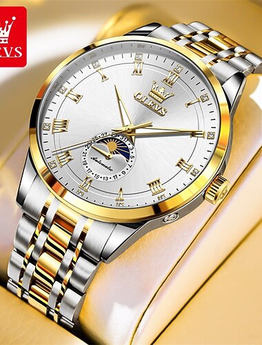  OLEVS Da uomo Orologio meccanico Strass Affari Orologio da polso Fase Lunare Luminoso Impermeabile Acciaio Guarda