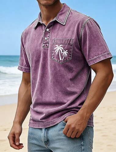  Voor heren Palmboom Acid Wash-shirt 100% Katoen Korte mouw Poloshirt Revers Hawaii Casual Sportkleding Vakantiekleding Zak 3D-afdrukken Knop Lente zomer blauw Rood Groen