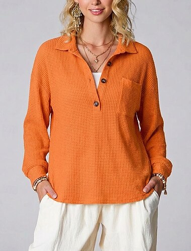  Damen Hemd Waffelstricktops Tasche Knöpfe Einfach Mode Basic Klassisch Langarm Polokragen Henley Normale Oberteile Täglich Ausgehen Wochenende Blau Purpur Orange Khaki Frühling Herbst Winter