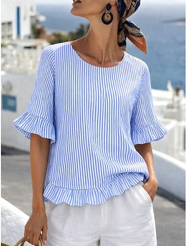  Mulheres Blusa Frufru Imprimir Listrado à moda Casual Manga 3/4 Gola Redonda Tops regulares Diário Azul Verão Primavera Outono
