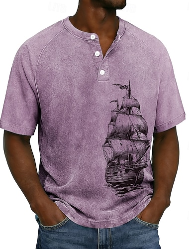  Homens Vintage Lavado Camisa de algodão Top Henley Blusas lavadas estilo vintage Manga Curta Vintage Designer Casual Casual Diário Ao ar livre Verão Primavera Todas as Estações Azul Claro Roxo