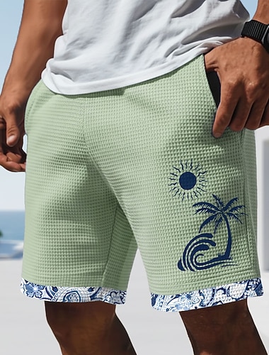  Miesten Kookospuu Kukkapainatus Trooppiset kukat Vohveli shortsit Rennot shortsit Teksturoituja shortseja Keskivyötärö Havaijilainen ulko- Loma Joustava kiristysnyöri vyötäröllä Shortsit taskuilla