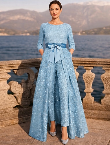  Buksedrakt 3 -delt drakt Ankellengde Kjole til brudens mor 3/4 ermer Øsehals Elegant Glitrende Formell Bryllupsgjest Sateng med Sløyfe(r)
